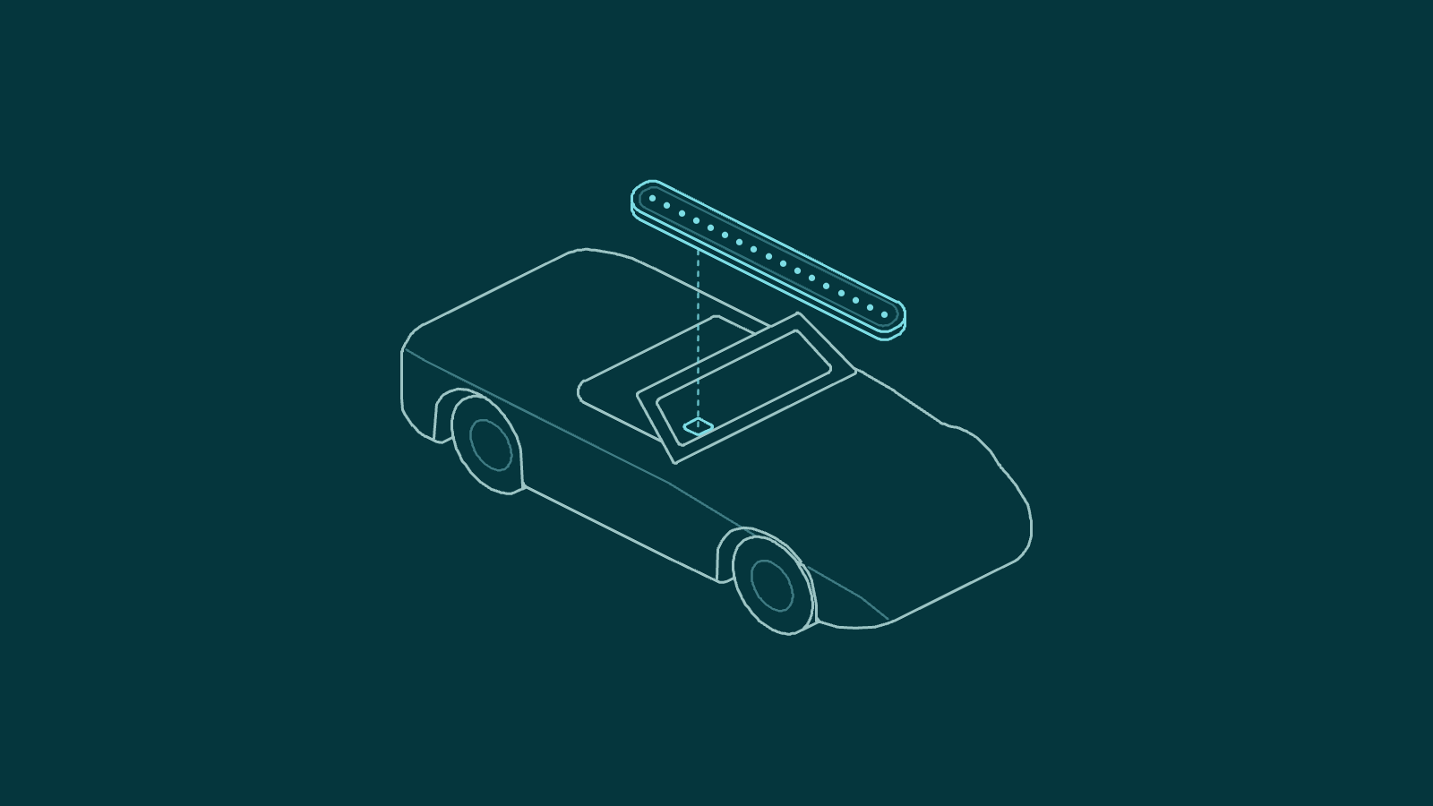 Line drawing of a convertible sports car with its VIN plate lifted above the dash